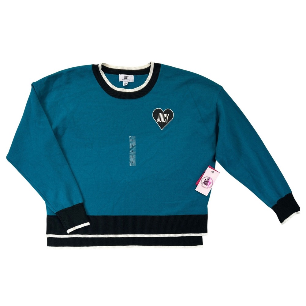Juicy Couture Sweater Womens Large Teal Heart Logo Colorblock Pullover NWT